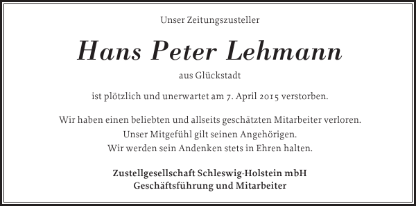 Hans Peter Lehmann Gedenken Norddeutsche Rundschau