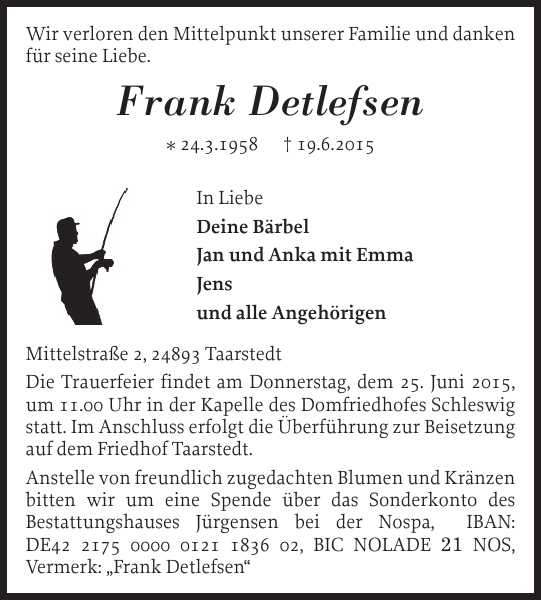 Frank Detlefsen Danksagung Schleswiger Nachrichten