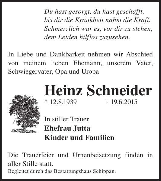 Heinz Schneider Traueranzeige Wochen Kurier
