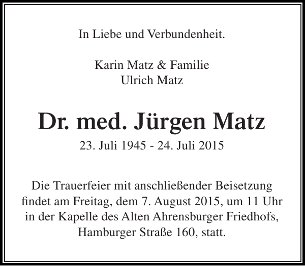 Dr. med. Jürgen Matz Danksagung Stormarner Tageblatt