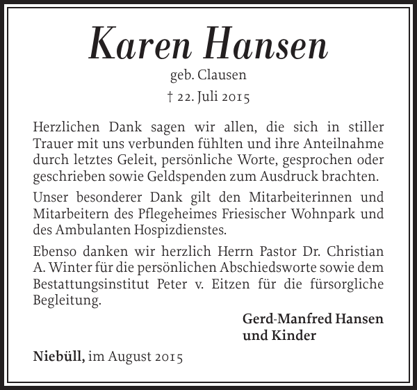 Karen Hansen Danksagung Husumer Nachrichten