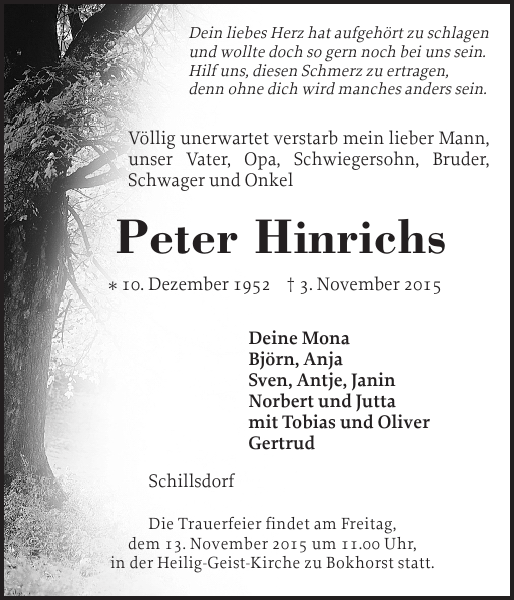 Peter Hinrichs : Traueranzeige : Holsteinischer Courier