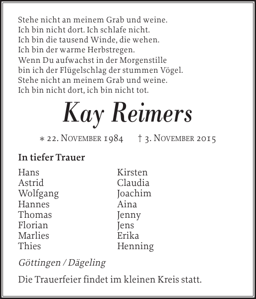 Kay Reimers Traueranzeige Norddeutsche Rundschau