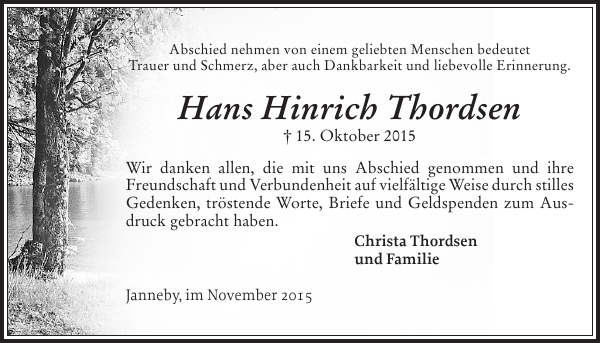 Hans Hinrich Thordsen Danksagung Flensburger Tageblatt