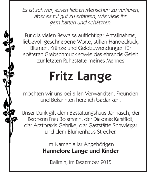Fritz Lange : Danksagung : Der Prignitzer
