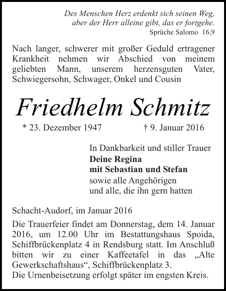 Friedhelm Schmitz Traueranzeige Landeszeitung
