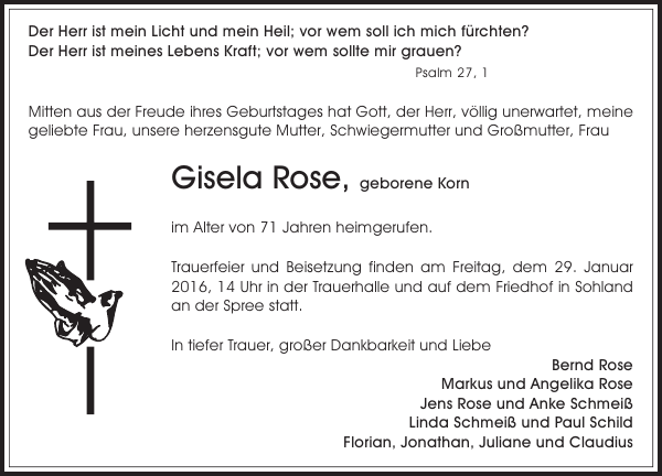 Gisela Rose : Traueranzeige : Sächsische Zeitung