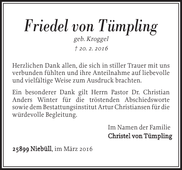 Friedel von Tümpling Danksagung Nordfriesland Tageblatt