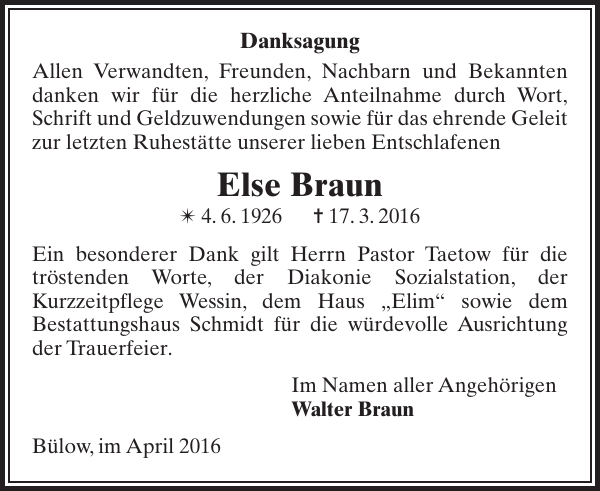 Else Braun Danksagung Zeitung für die Landeshauptstadt