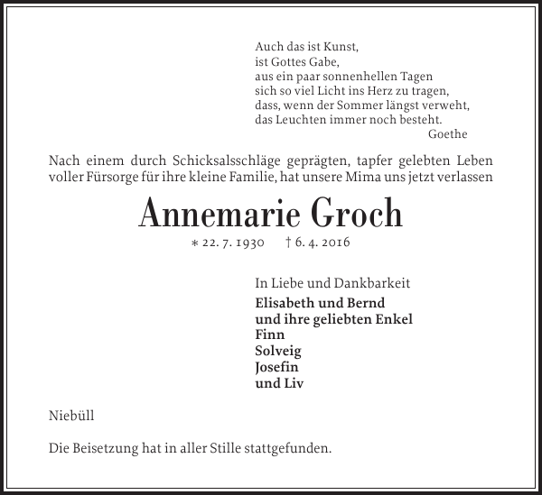 Annemarie Groch Traueranzeige Husumer Nachrichten Annemarie Groch Traueranzeige Husumer Nachrichten