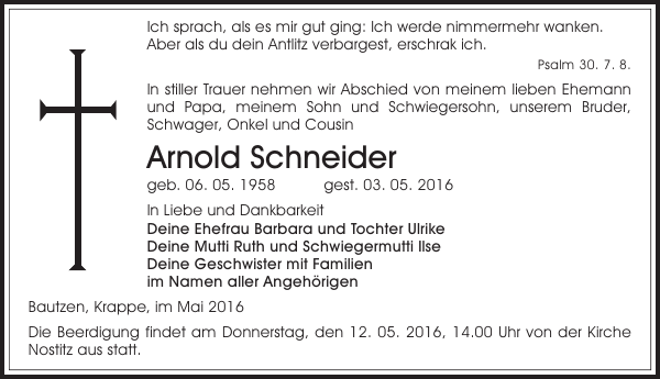 Arnold Schneider : Traueranzeige : Sächsische Zeitung