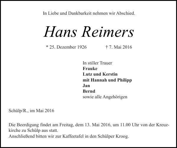 Hans Reimers Traueranzeige Landeszeitung