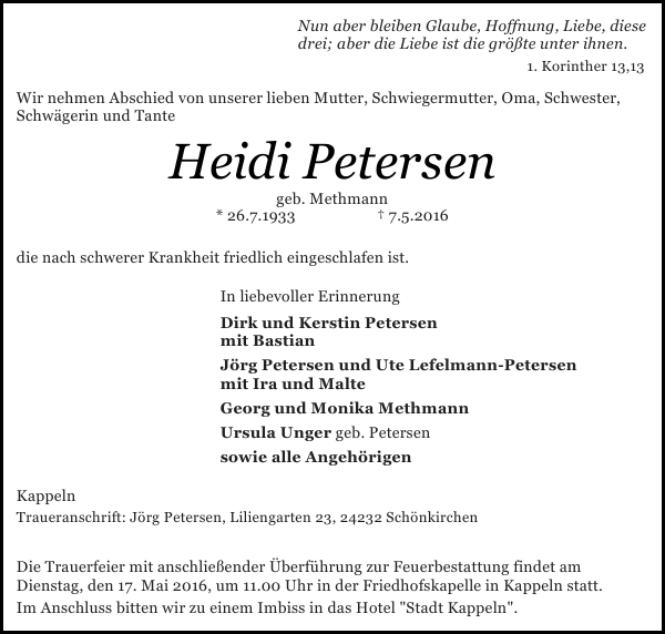 Heidi Petersen : Traueranzeige : Schleswiger Nachrichten