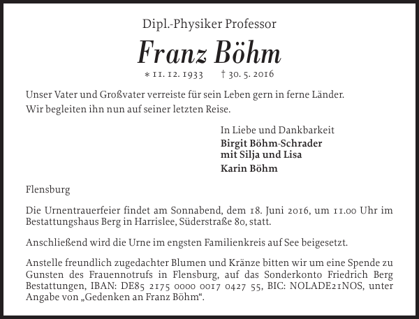 Franz Böhm Traueranzeige Flensburger Tageblatt