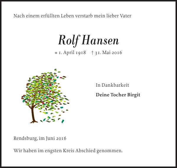 Rolf Hansen Traueranzeige Landeszeitung