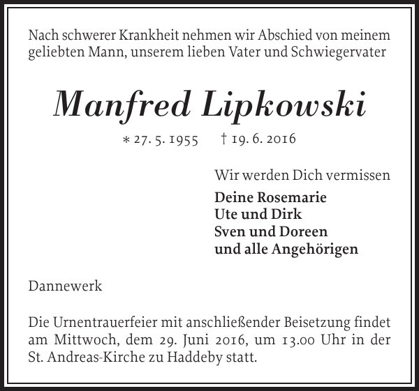 Manfred Lipkowski Gedenken Schleswiger Nachrichten