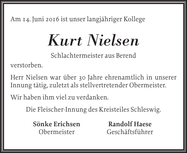 Kurt Nielsen Traueranzeige Schleswiger Nachrichten