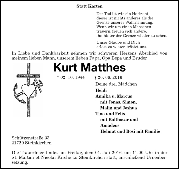 Kurt Matthes Traueranzeige Stader Tageblatt