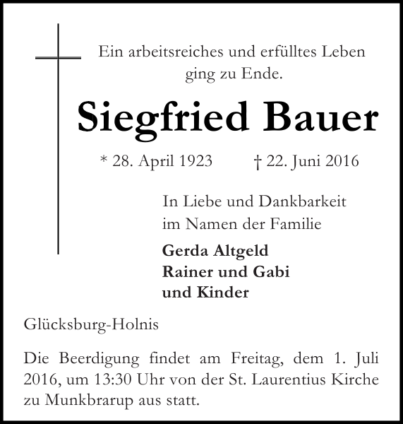 Siegfried Bauer Traueranzeige Flensburger Tageblatt