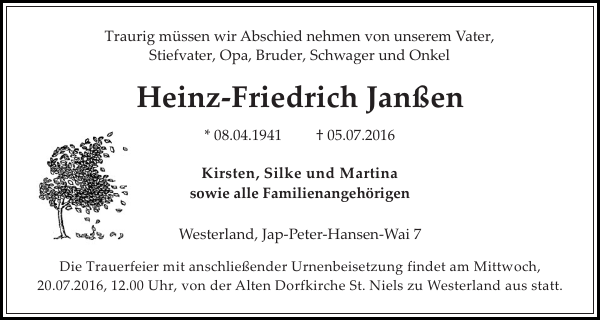 HeinzFriedrich Janßen Gedenken Sylter Rundschau