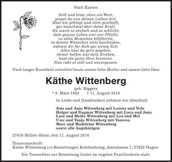 Käthe Wittenberg Gedenken NordseeZeitung