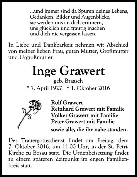 Inge Grawert geb. Braasch Traueranzeige Ostholsteiner Anzeiger