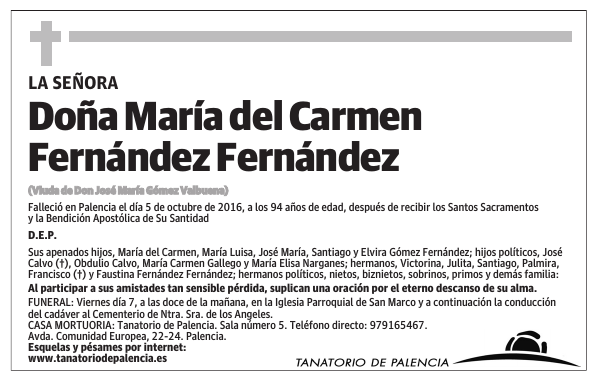 Esquela de Doña María del Carmen Fernández Fernández : Fallecimiento ...