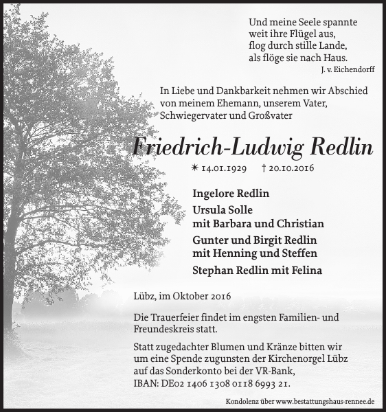 Friedrich-ludwig Redlin : Traueranzeige : Zeitung für Lübz ...