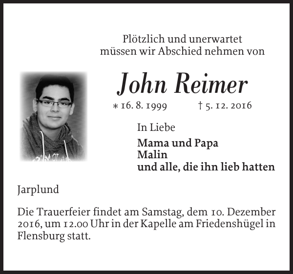 John Reimer Traueranzeige Flensburger Tageblatt