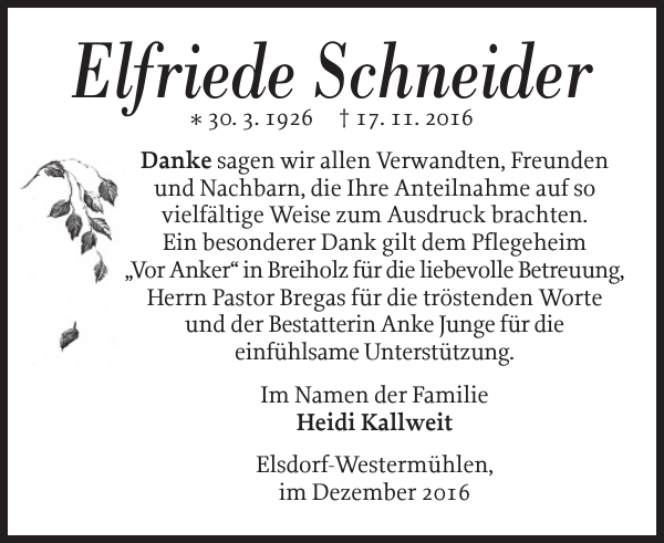 Elfriede Schneider : Danksagung : Landeszeitung