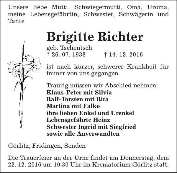 Brigitte Richter Traueranzeige Sächsische Zeitung
