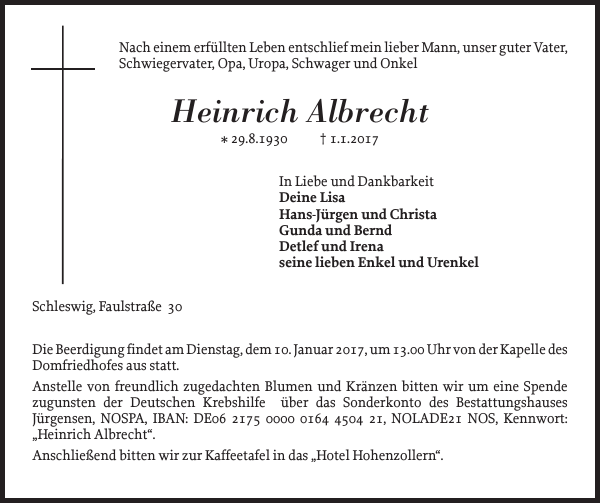 Heinrich Albrecht Traueranzeige Schleswiger Nachrichten