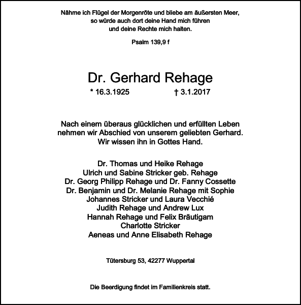 Dr. Gerhard Rehage Traueranzeige Westdeutsche Zeitung