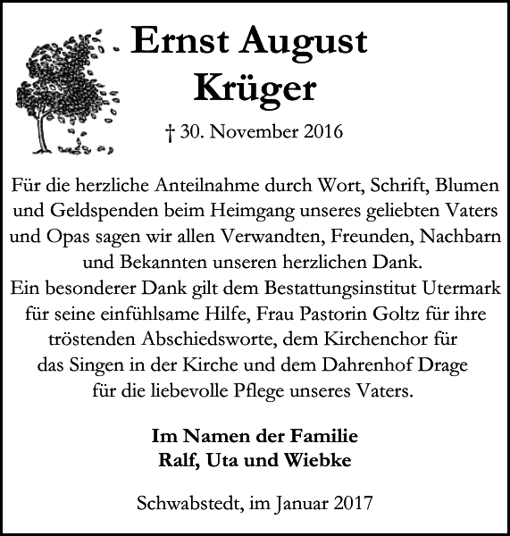 Ernst August Krüger Danksagung Flensburger Tageblatt