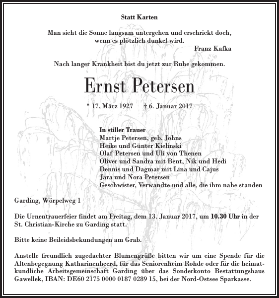 Ernst Petersen Danksagung Husumer Nachrichten