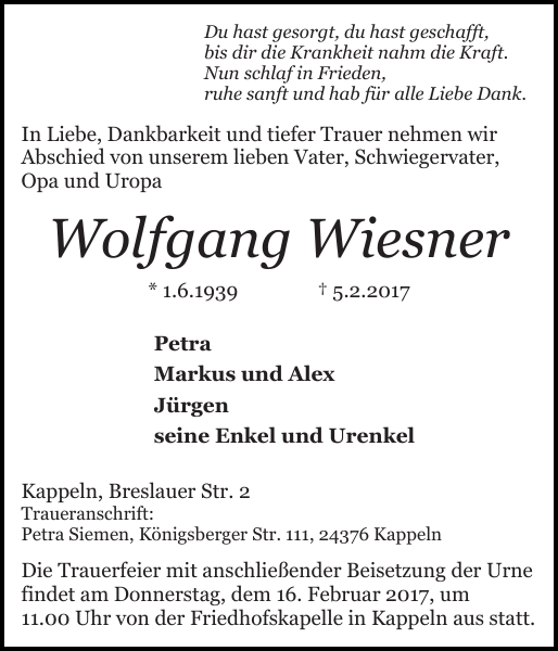 Wolfgang Wiesner : Gedenken : Schlei-Bote