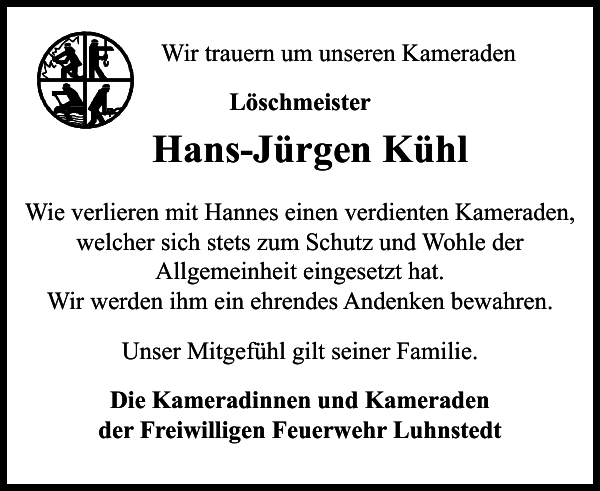 HansJürgen Kühl Gedenken Landeszeitung