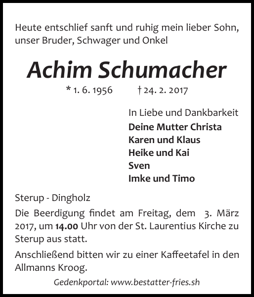 Achim Schumacher : Danksagung : Flensburger Tageblatt