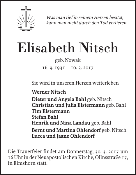 Elisabeth Nitsch Traueranzeige Elmshorner Nachrichten