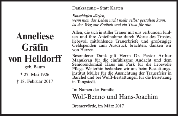Anneliese Gräfin von Helldorff Danksagung Bremervörder Zeitung