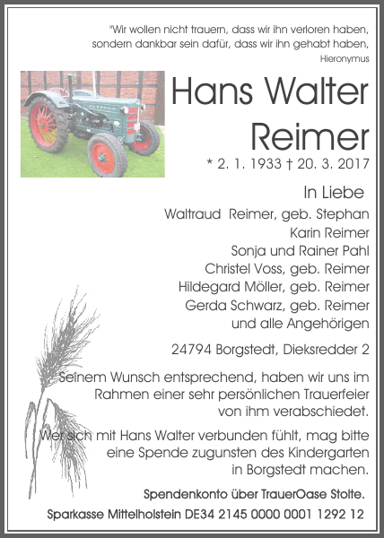 Hans Walter Reimer Traueranzeige Landeszeitung