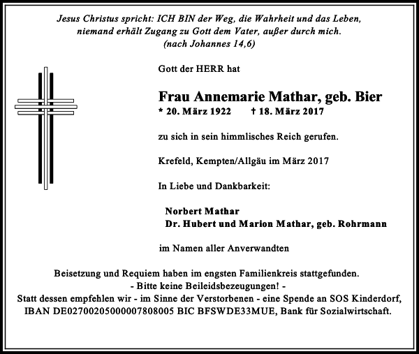 Frau Annemarie Mathar geb. Bier Frau Annemarie Mathar geb. Bier