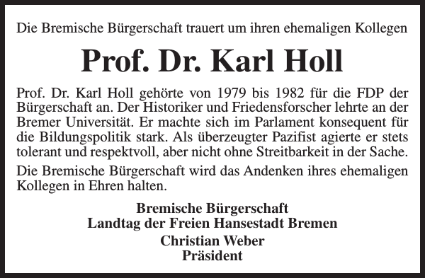 Prof.Dr. Karl Holl Nachruf NordseeZeitung