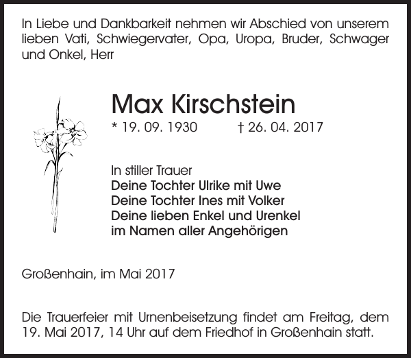 Max Kirschstein: Traueranzeige : Sächsische Zeitung