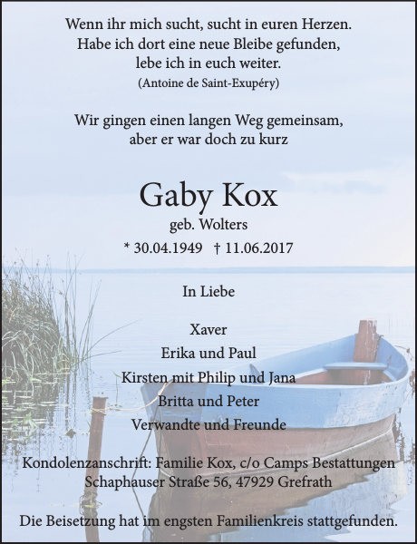 Gaby Kox Traueranzeige Westdeutsche Zeitung 