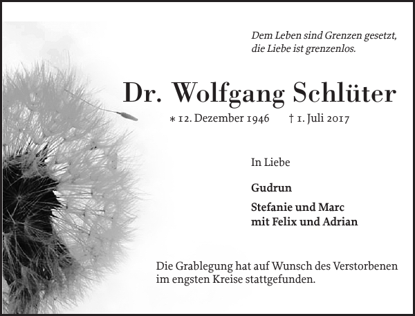 Dr. Wolfgang Schlüter : Traueranzeige : Elmshorner Nachrichten
