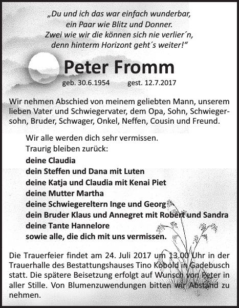 Peter Fromm : Traueranzeige : Gadebusch-Rehnaer Zeitung