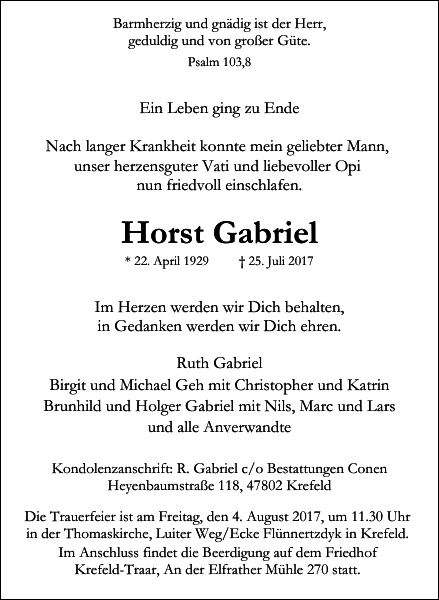 Horst Gabriel : Traueranzeige : Westdeutsche Zeitung