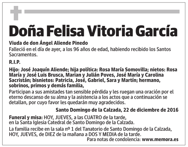 Esquela de Doña Felisa Vitoria García : Fallecimiento | Esquela en La Rioja