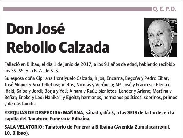 Esquela de José Rebollo Calzada : Fallecimiento | Esquela en El Correo